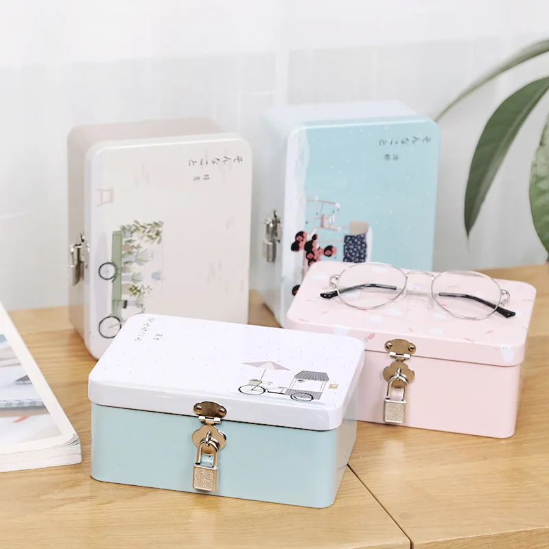 

Candy Cartoon Metal Storage Case Jewelry Stationery Simple Peninsula Iron Box with Lock Retro Suitcase Desktop Storage Box Gifts