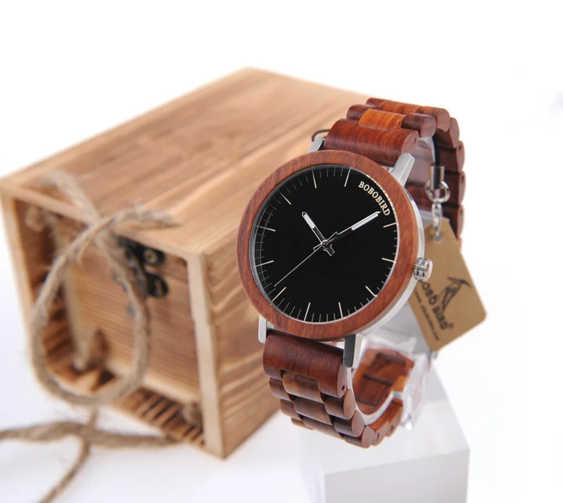 BOBO BIRD M15 Handmade Red Sandal Wooden Analog Quartz Watch Top Brand Men Dress Wristwatch With Gift Box