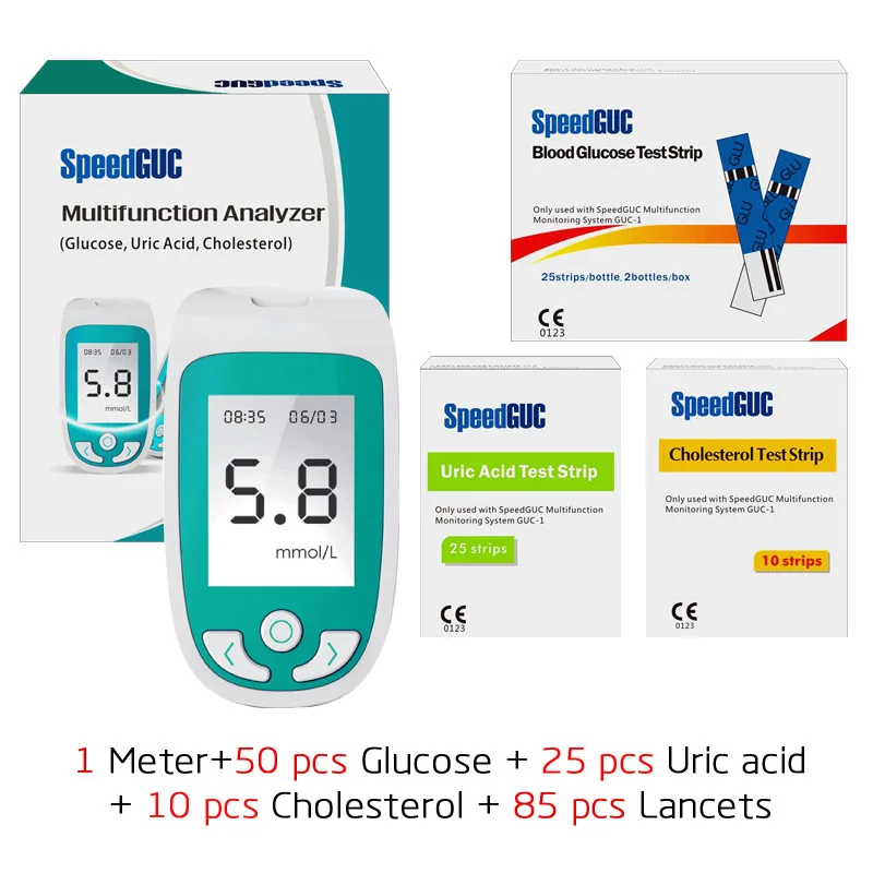 3в1 Многофункциональный измеритель уровня холестерина и мочевой кислоты и уровня глюкозы в крови система мониторинга подагра диабета устройство с тестовыми полосками и ланцетами - Цвет: Meter Glu50UA25Cho10