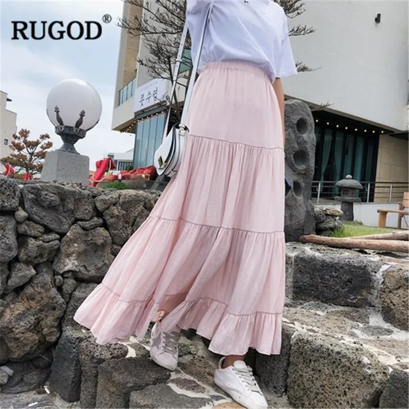 Розовый RUGOD однотонные женские юбки длиной до щиколотки плиссированные с высокой талией свободные винтажные Элегантные Очаровательные повседневные весеннее платье modis femme - Цвет: Розовый