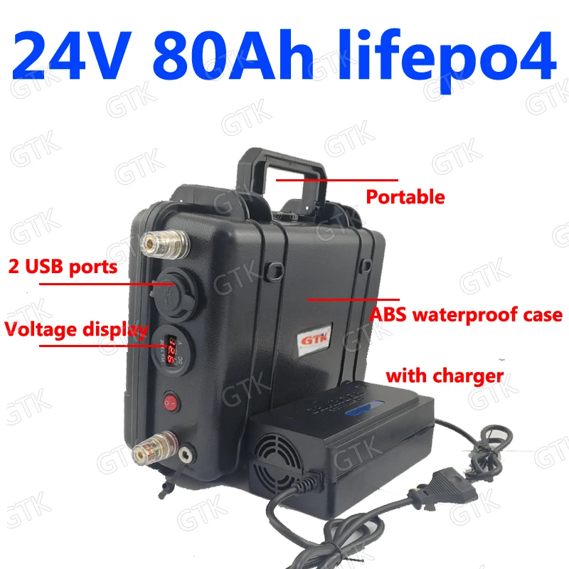

GTK waterproof Lifepo4 24v 80AH battery BMS 80A for 2000W Inverter fridge Electric bike tricycle RV AGV UPS + 10A smart charger