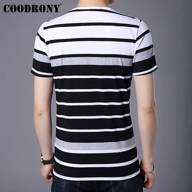 Бренд COODRONY, футболка с коротким рукавом, Мужская Уличная мода, повседневная футболка, лето, новая полосатая Мужская футболка с воротником, S95087
