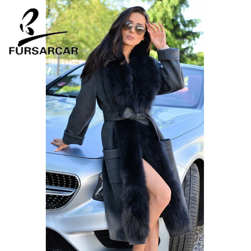 FURSARCAR Luxury New Real Fur Coat Women Winter Wool Skin Jacket With Long Fox Fur Collar High Quality Fur Coat