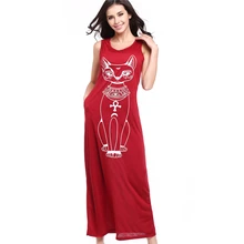 Casual Long Dress Cat Cartoon Pocket 2017 Summer Dress Women Straight Sleeveless Dresses O Neck Loose