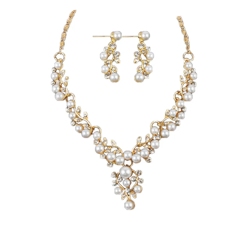 

2019 new fashion jewelry pendant luxury princess bride neck+earrin pearl rhinestone short necklace earrings elegant