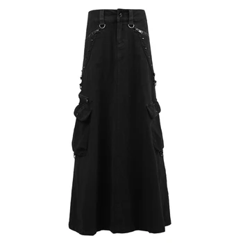 

Punk Gothic Female Long Skirts Women's High Waist Summer Denim Skirt Ankle-length New A-line Suede Skirts With Pockets Q-224