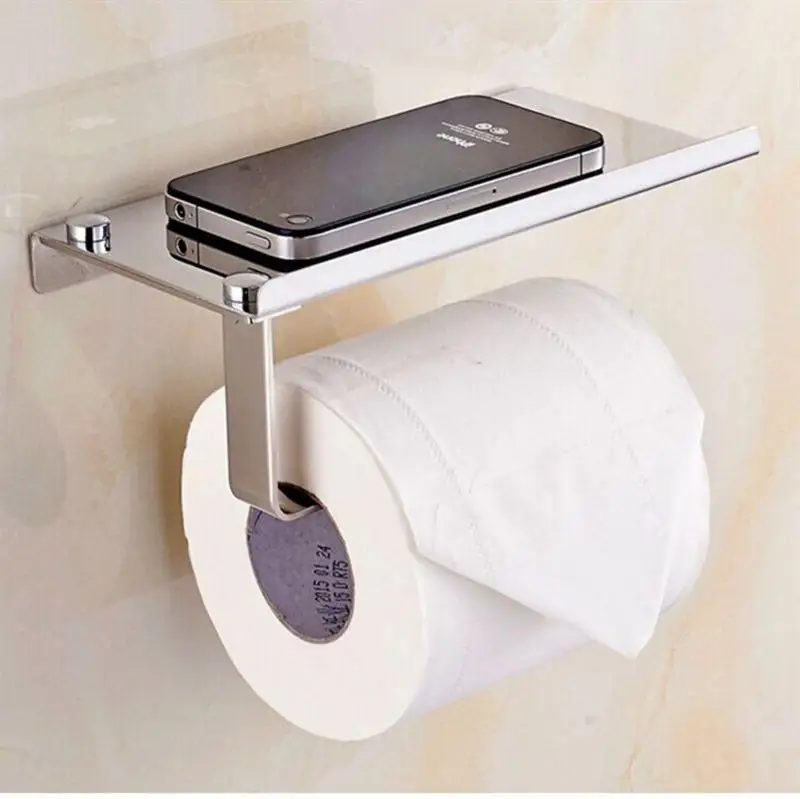 

304 Stainless Steel Toilet Paper Holder with Phone Storage Paper Roll Hanger Shelf Polished Chrome Toilet Paper Stand