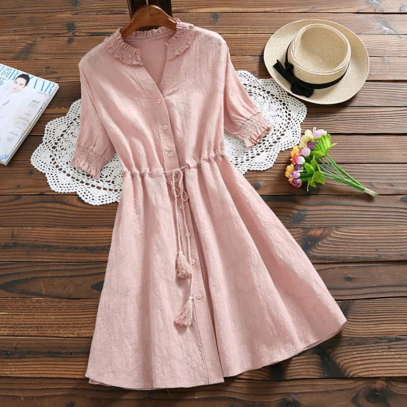 3 Colors Mori Girl Cute Mini Summer Dress For Women V Neck Cotton Linen Jacquard Female Vestidos Long Sleeve Tassel String | Женская