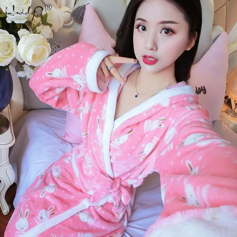 Flannel Bathrobes Women's Cartoon Lovely Thicken Warm Nightgowns Winter Bath robe Women Pajamas Bath Robe Sleepwear