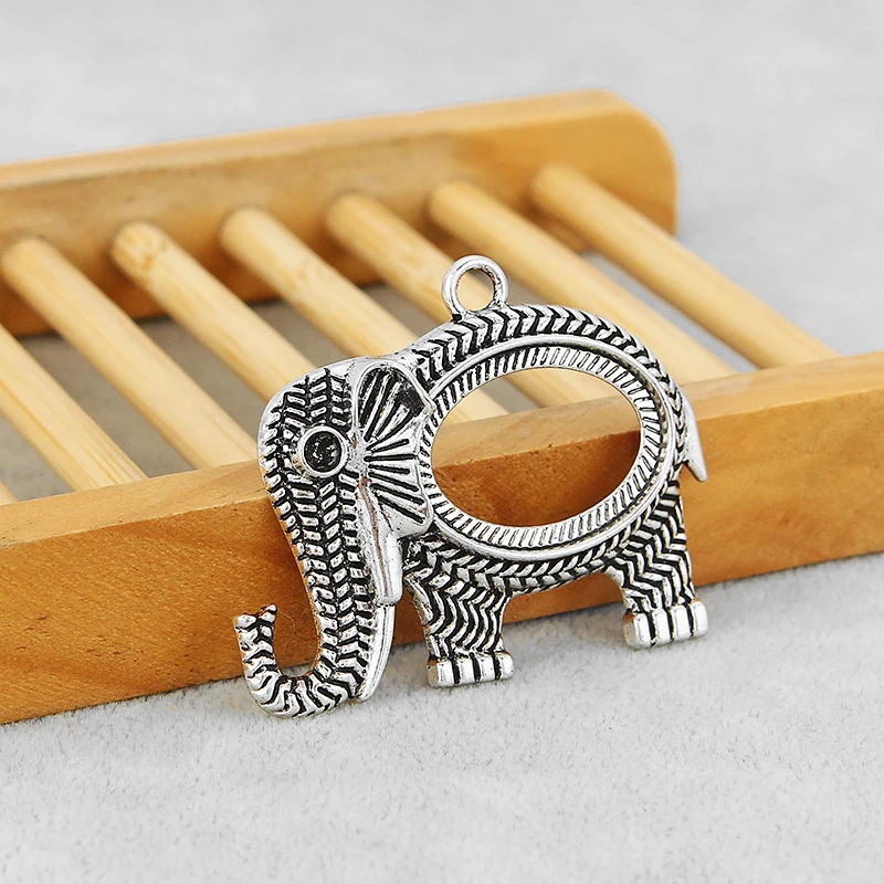 8PCS Tibetan Silver Large Hollow Elephant Ripple Charms Pendants Blank Cameo Cabochon Setting for DIY Jewelry Necklace Making