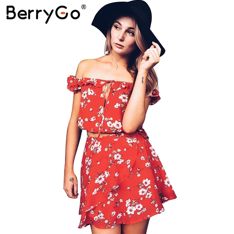 BerryGo Two piece red chiffon summer dress women 2017