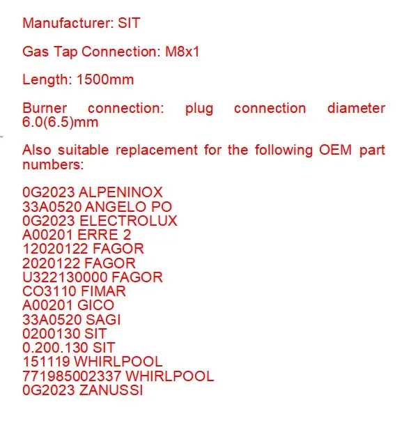 Электролюкс 0G2023 SIT 0.200.130 термопара 1500 мм M8x1 6,0(6,5) мм Диапазон духовки