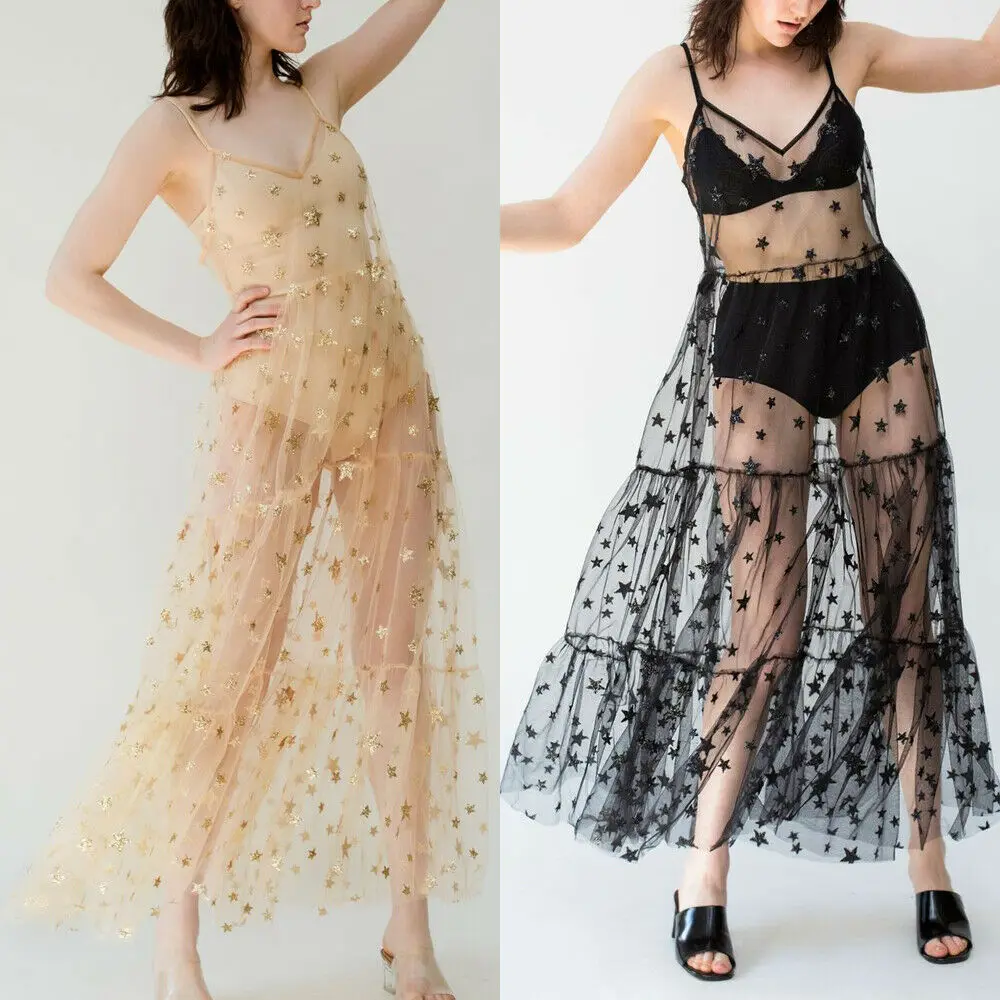 

2019 New Summer Spaghetti Straps Tulle Long Women Dresses Fashion Bling Sparkely See Through Mesh Dress