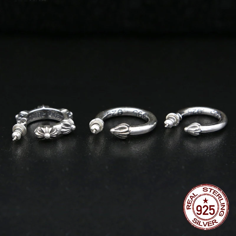 

S925 Sterling Silver Men's Earrings Personality retro hip hop classic style Punk style round cross jewelry Send a gift to love