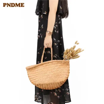 

PNDME luxury fashion handmade women genuine leather ladies shopping tote bags simple soft first layer cowhide vintage handbags
