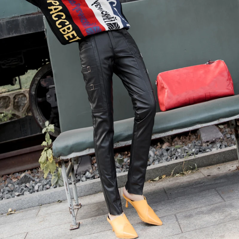 New Plus Size S-4XL Women Slim Real Leather Pants Buckle Quality Cowhide Motorcycle Trousers High Waist Full Length Pencil Pants