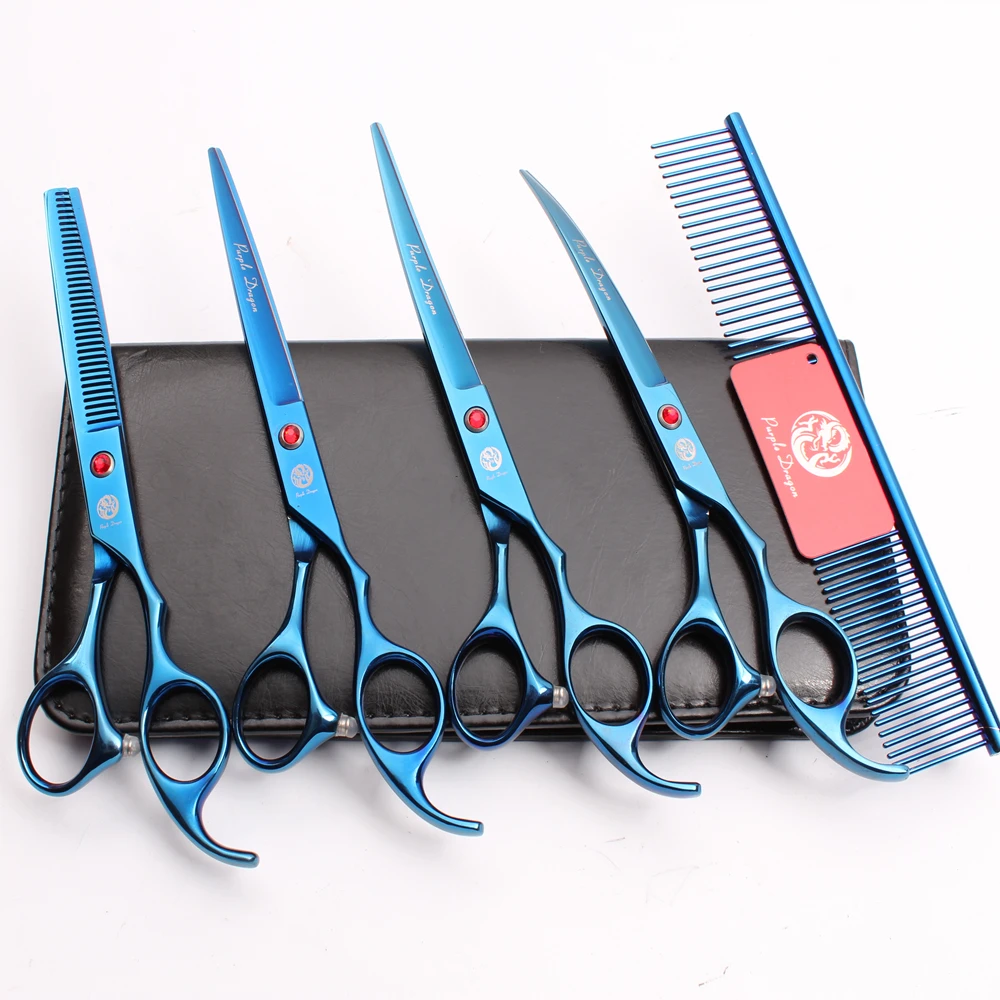 Animais de Estimação Aço + Tesouras de Corte Conjunto ''19.5 cm Azul Profissional Cabelo Pente Desbaste Tesoura Cães Gatos Curvo Tesouras Z3003 5 Pçs 7 2 High Quality Beleza e saúde