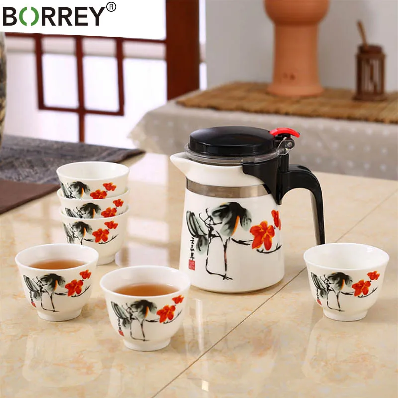 

BORREY Chinese Porcelain Teapot Set Bone China Teapot White Ceramic Tea Cup Kung Fu Tea Set Flower Tea Pot With Infuser Filter