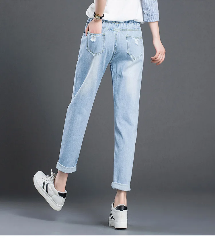 Plus Size Jeans Woman Harem Pants Ripped Casual Loose Ankle-Length Elastic Waist Denim Pants Summer Spring Fashion Plus Size Jeans Woman Harem Pants Ripped Casual Loose Ankle-Length Elastic Waist Denim Pants Summer Spring Fashion
