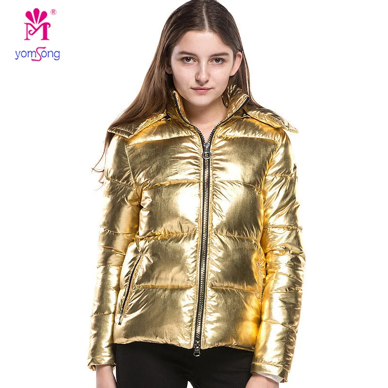 Yomsong New Autumn Winter Women's Metallic Gold Down Jacket Hooded Lady's Jacket Silver Warm