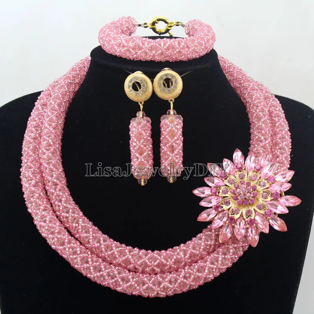 

Fashionable African Beads Jewelry Sets Pink Crystal Jewelry Set Nigerian Wedding Necklace Womens Jewellery Set HD7288