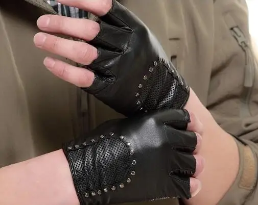 Женские перчатки из овчины без пальцев в стиле рок-панк с заклепками, кожаные перчатки для вождения - Цвет: men black