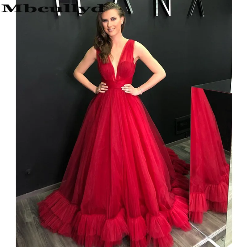 Mbcully Elegantes красное Тюлевое платье для выпускного вечера длинное сексуальное v-образный вырез многоуровневые оборки Официальные Вечерние платья развертки поезд халат De Soire