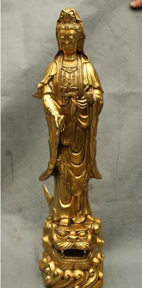 YM 322 22-дюймовая китайская латунная буддистская статуя Kwan-Yin Quan Yin набор рыб-дракона