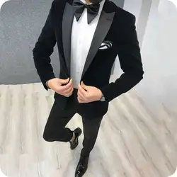 Черный бархат для мужчин Пром костюмы брюки для девочек свадебные жених смокинг жакет-смокинг остроконечные нагрудные 2 шт. Slim Fit Terno Masculino