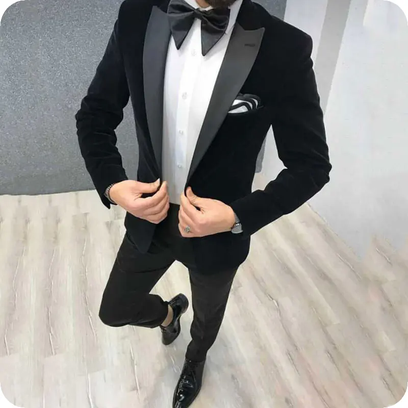 

Black Velvet Men Prom Suits Pants Wedding Suits Groom Tuxedo Smoking Jacket Peaked Lapel 2Piece Slim Fit Terno Masculino