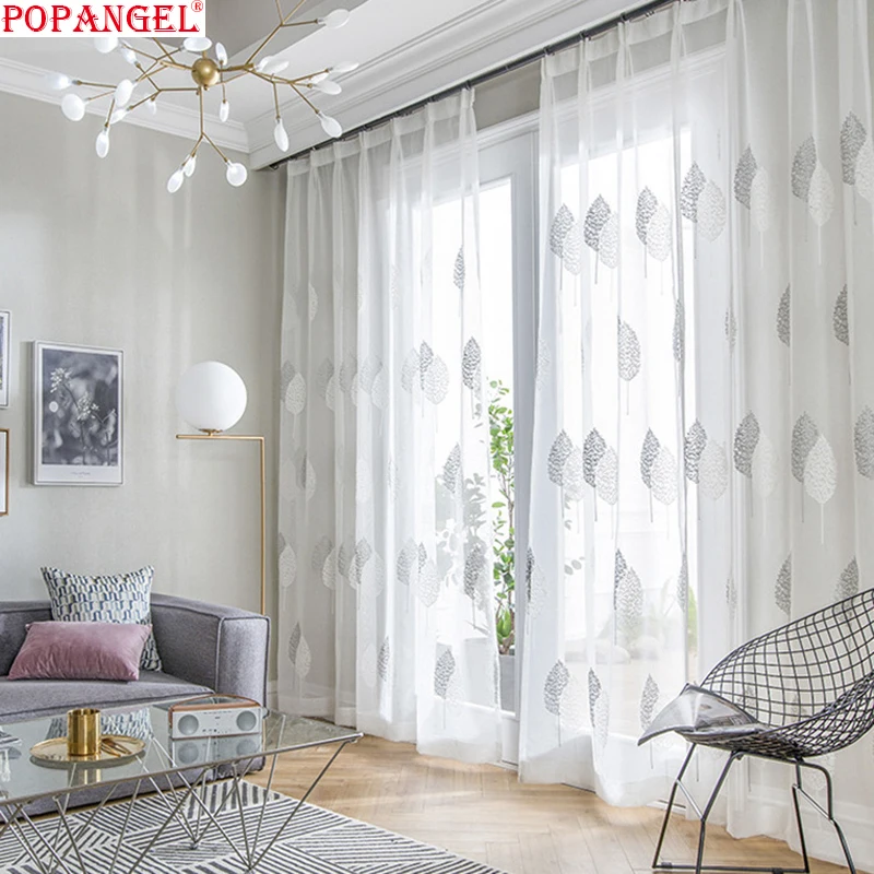 

Popangel Hot Sale Modern Popular Leaves Embroidery polyester Living Room Window Voile Curtains Be Customized Curtains Sheers