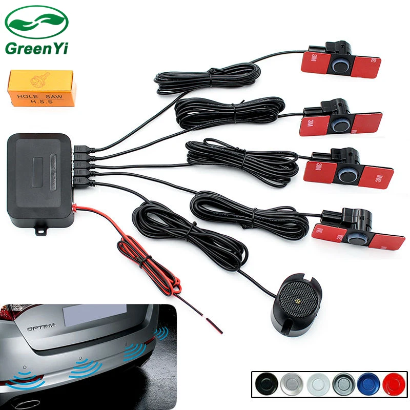 

GreenYi 16mm Car Parking Assistance Flat Sensor Buzzer Backup Radar Detector System Reverse Sound Alert, 4 Flat Sensors 6 Color