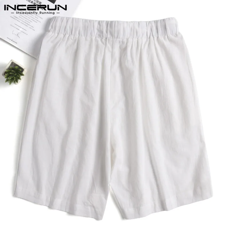INCERUN 2019 Винтаж Для мужчин шорты хлопок Drawstring Однотонная повседневная обувь шорты длиной до колена Для мужчин для отдыха Летние свободные
