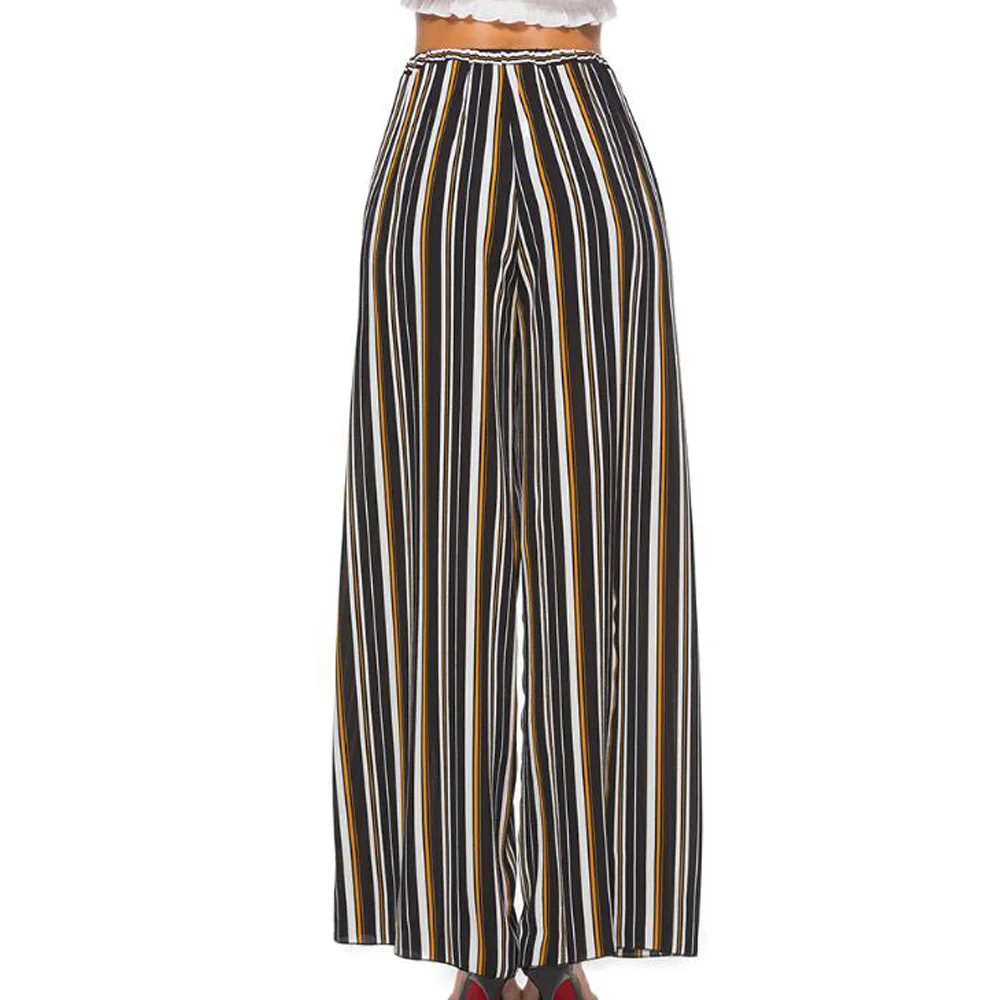 Sexy See Through Women Pants Striped Print High Waist Summer Trousers Loose Split Casual Chiffon Boho Beach Wide Leg Pants|Брюки |