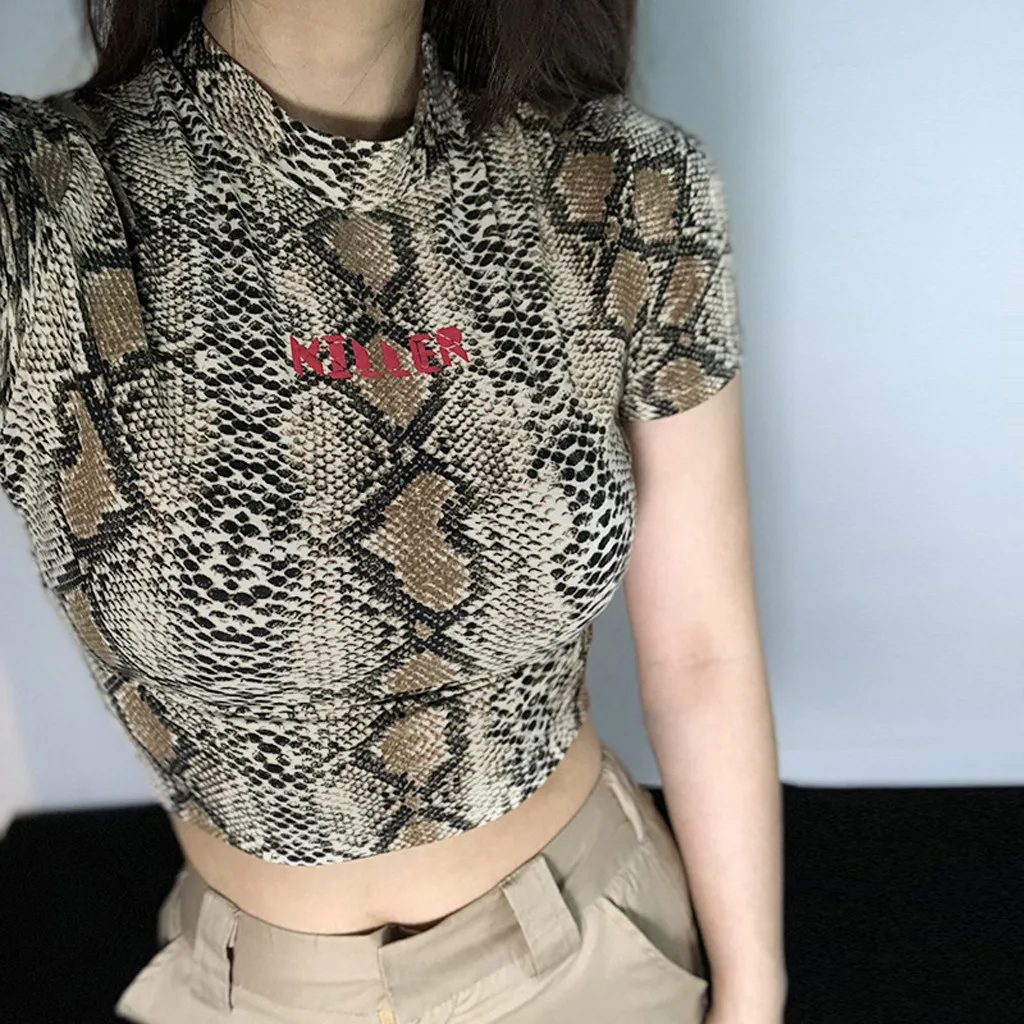 

2019 Fashion Women Ladies Letter O-Neck shirt Short Sleeve Snake Striped Print Short Crop Slim Top umbilical T-shirt VD107