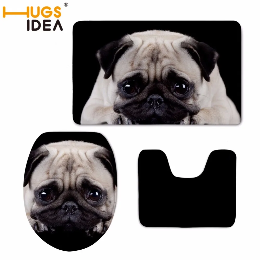

HUGSIDEA Pug Dog Printed Bath Mat Set 3pieces Non-slip Floor Mats Toilet Rugs Absorbent Shower Foot Pads Bathroom Carpets