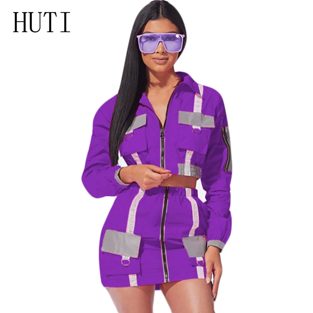 

HUTI Mini 2 Pieces Sets Reflective Fabric Organ Bag Stitching Dress Lady Long Sleeve Zipper Short Dress Femme Casual Go Out Wear