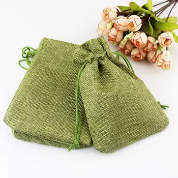 

Hot 7*9cm 100 pcs/lot Handmade Green color Jute Drawstring Burlap Wedding Party Christmas Gift Jewelry Pouches Packaging Bag