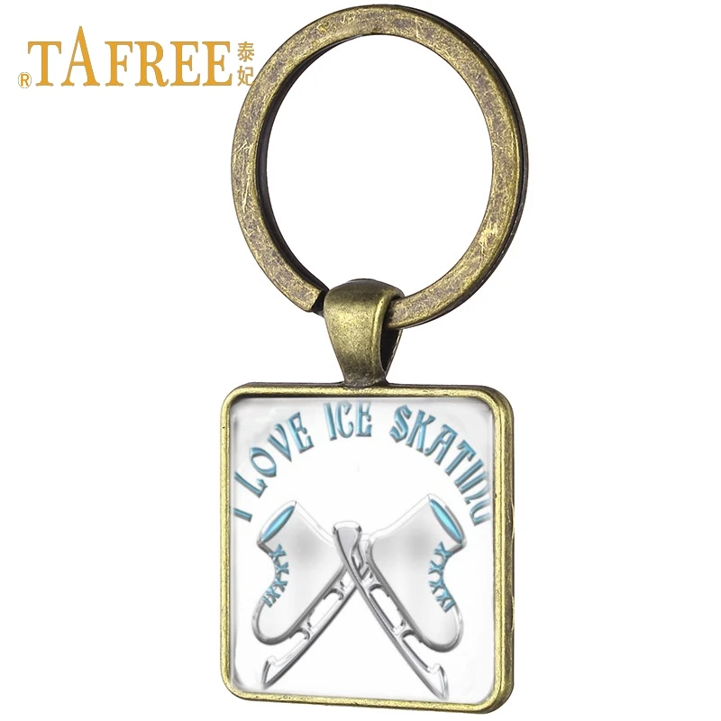 

TAFREE Fashion Skateboarding Square Keyring Figure Skating Ice Skating Picture Antique Bronze Plated Women Key Ring Jewelry ST40