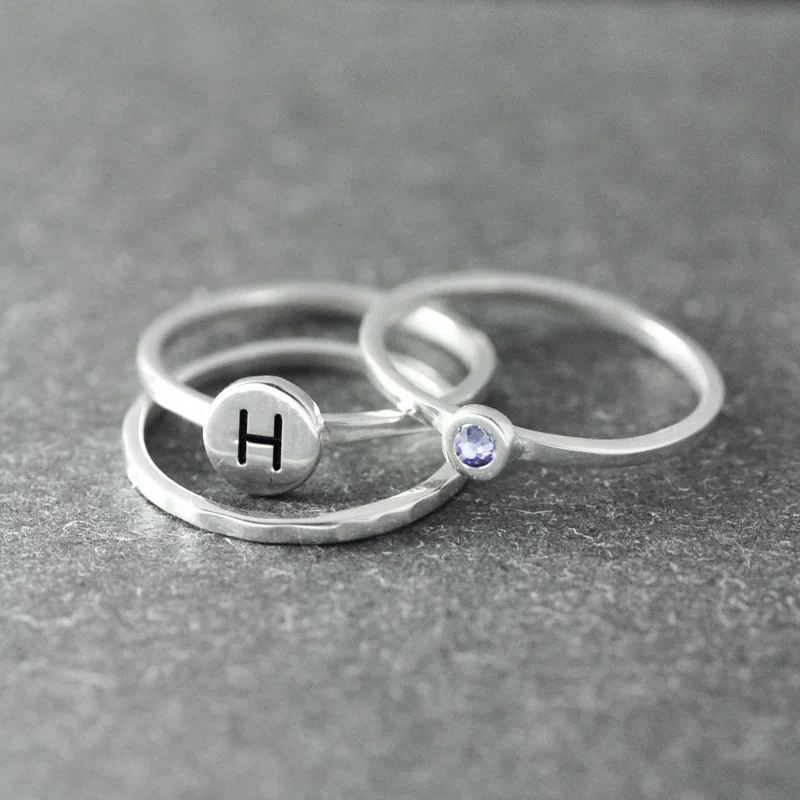 

Customized Initial Letter Ring,Stacking 3 Rings Set,Personalized Engrave Letter Birthstone Ring