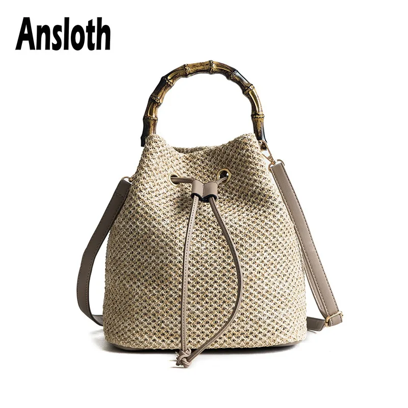 

Ansloth Summer Bag For Women 2019 Rattan Bag Lady Beach Straw Bucket Bag Female Handmade Weaving Shoulder Bag Handbag HPS479