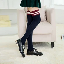 Осень, женские хлопковые длинные чулки, темно-синие гольфы, подходят для девочек-подростков, для активного отдыха, в полоску, чулок с узорами