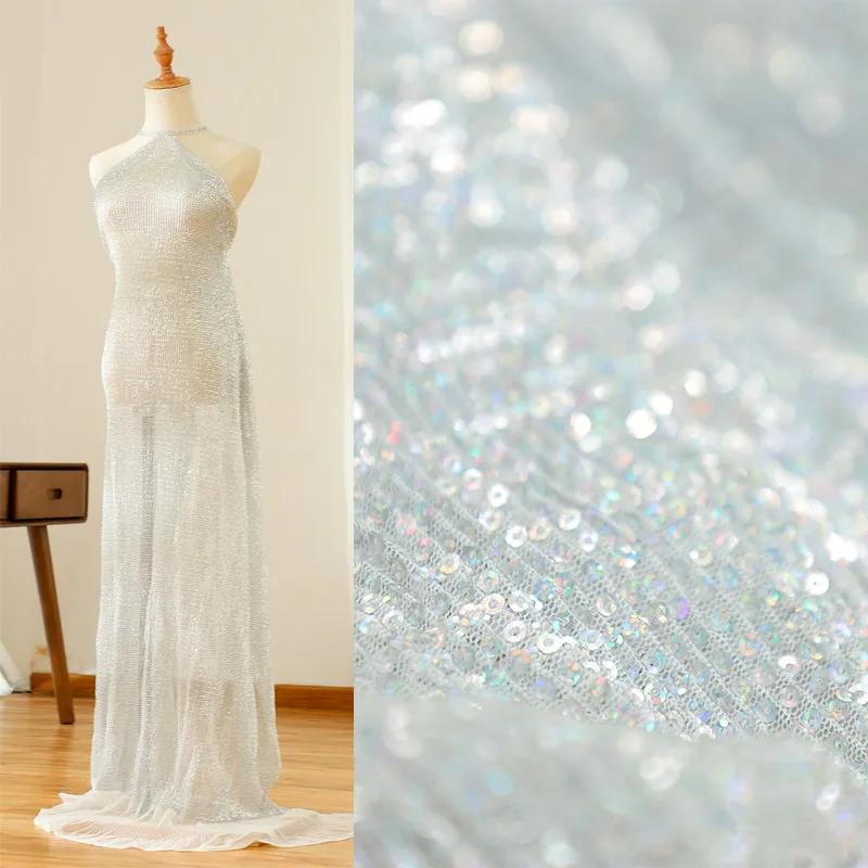 

Lac90 1/2yard Sliver Fashion Drape Iridescence Laser Fish Scales Gauze Fashion Shinning Fabric For Wedding Dress Party Dress