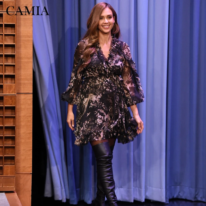 

CAMIA 2019 new ZIM designer spring and summer dress chiffon printing ruffled high quality ladies temperament dress female