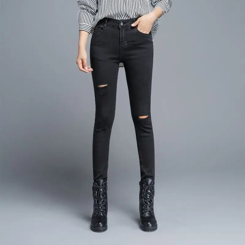 Large size Length Mid Waist Denim Pencil Pant Extra Long Black Holes