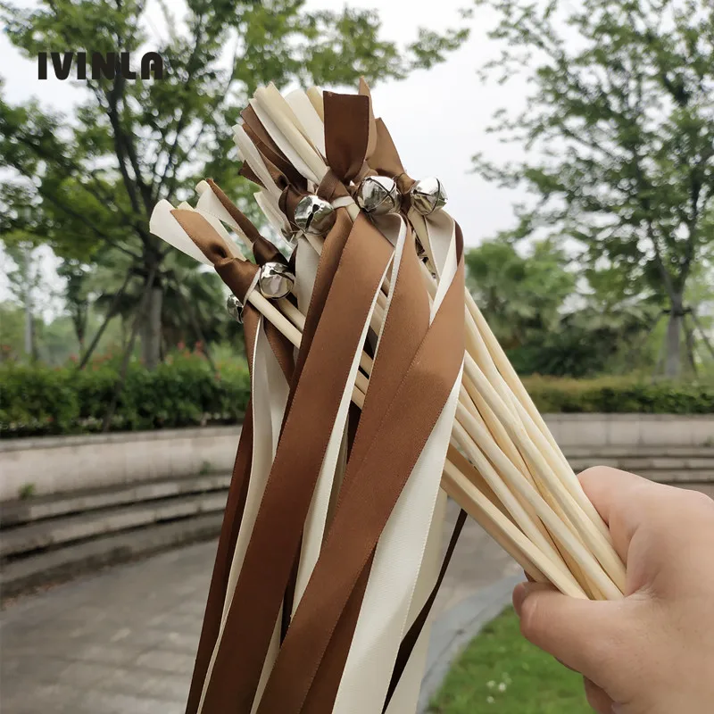 

50pcs/lot coffee and cream ribbon Wands with sliver Bells for wedding party