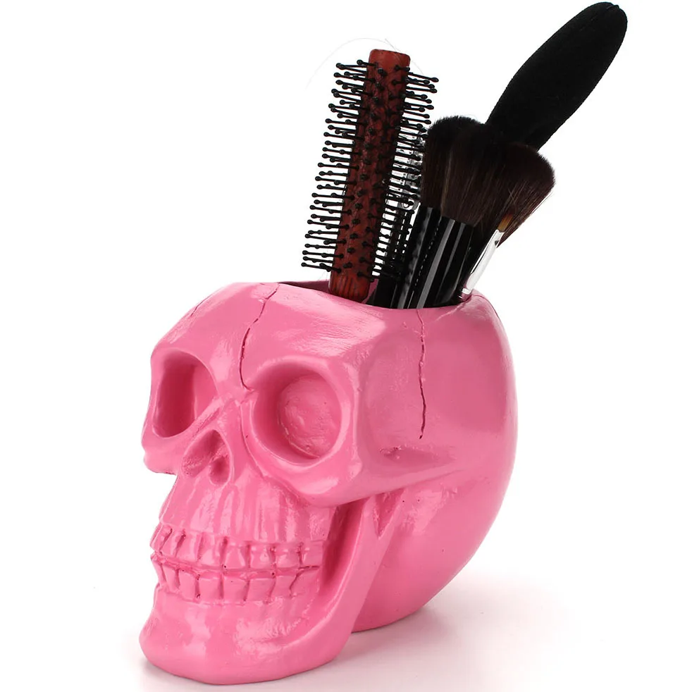 

3D Skull Head Figurine Makeup Storage Organizer Make Up Brushes Container Box Skeleton Ornament Pen Holder Case Pink Black