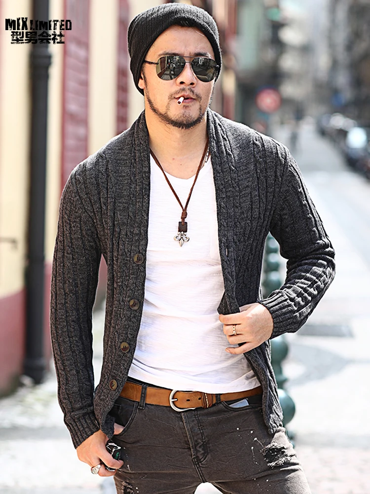 

Winter Men Casual Knitted Cardigan Slim European Style Long Sleeve Cardigan Fashion Retro Warm New Thick Knitwear for Men J281-2