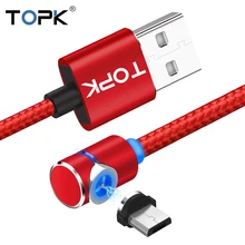 TOPK 1 м 2 м светодиодный магнитный кабель Micro USB угол 90 градусов l-образный нейлоновый Плетеный зарядный кабель для Micro USB порта
