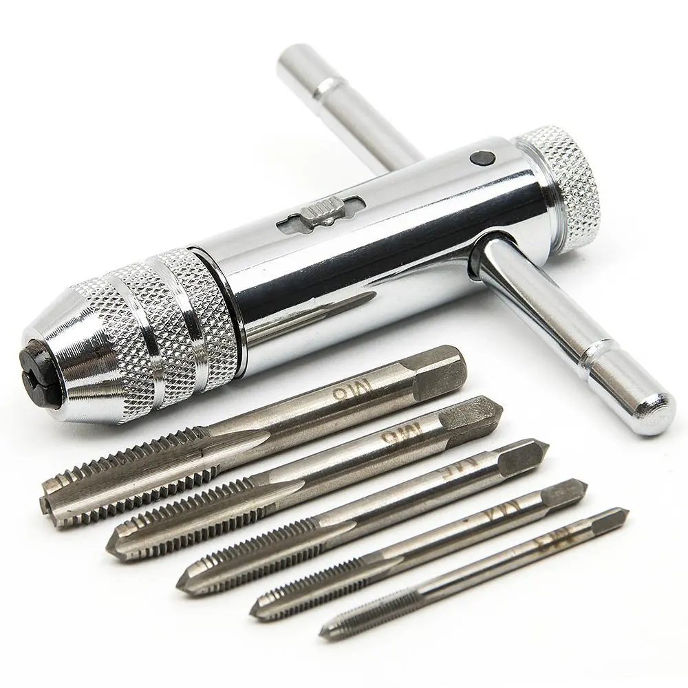 KindsGoods Регулируемый M3-M8 3 мм-8 мм HSS Т-образная ручка Реверсивный Трещоточный ключ инструмент для нарезания резьбы с серебряным ручным винтом